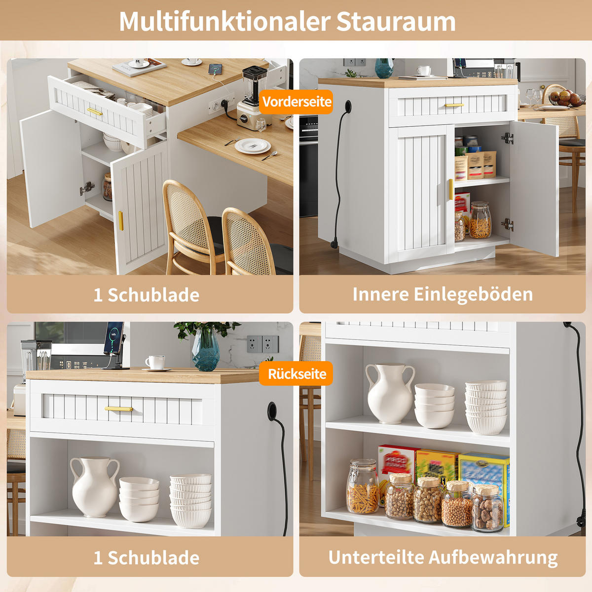 KÜCHENINSEL 121.5-192/70/92 cm Weiß mit integrierter Steckdose und 1 Schublade - Weiß, Holz (70/92/121.5cm) - Oxeza