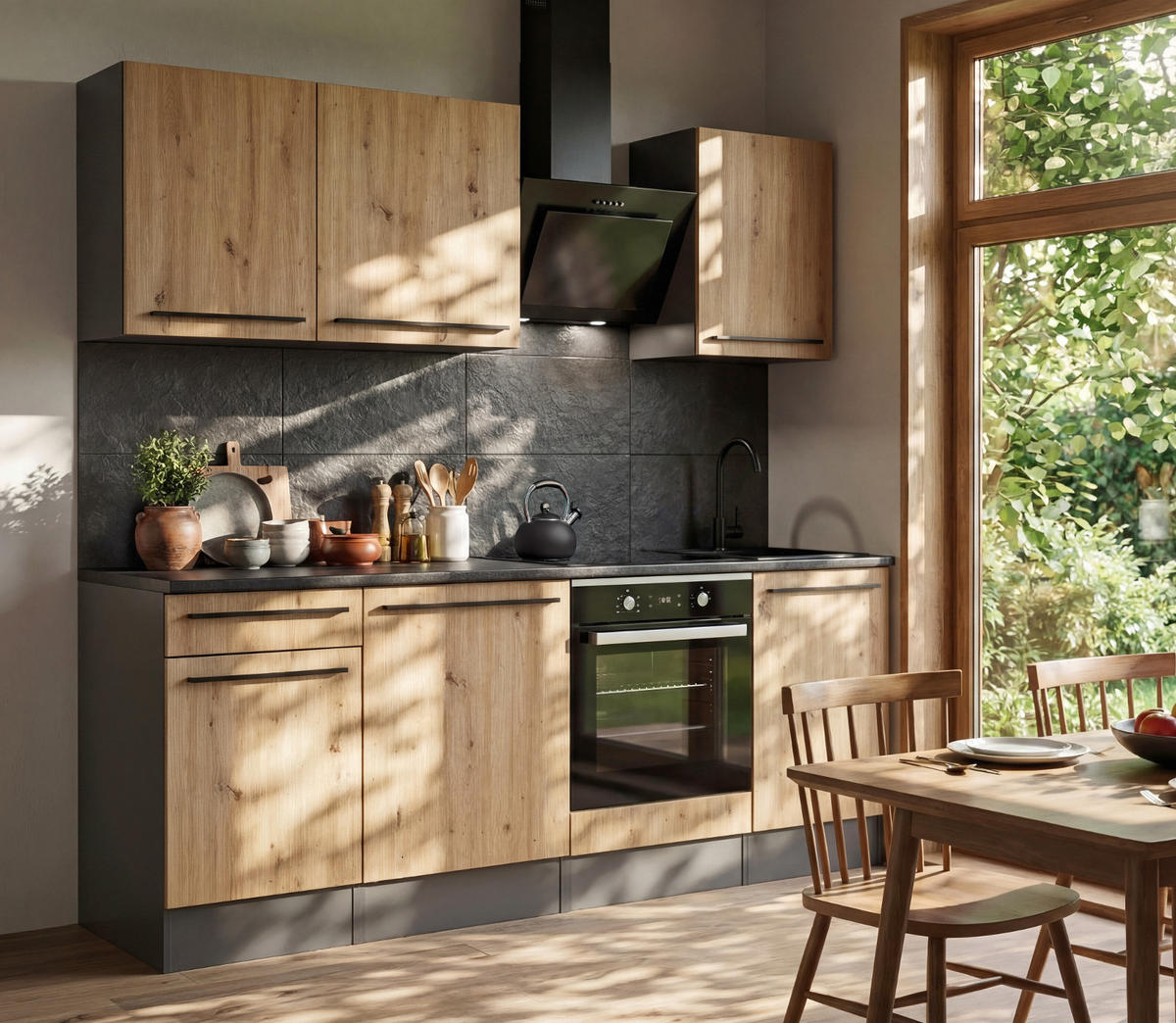 KÜCHENZEILE Eiche Artisan, Grau 7-teilig 220 x 210 cm, Küchenschrank Set mit viel Stauraum - Anthrazit/Eiche Artisan, Holzwerkstoff (220/210/60cm) - Inn.Furn