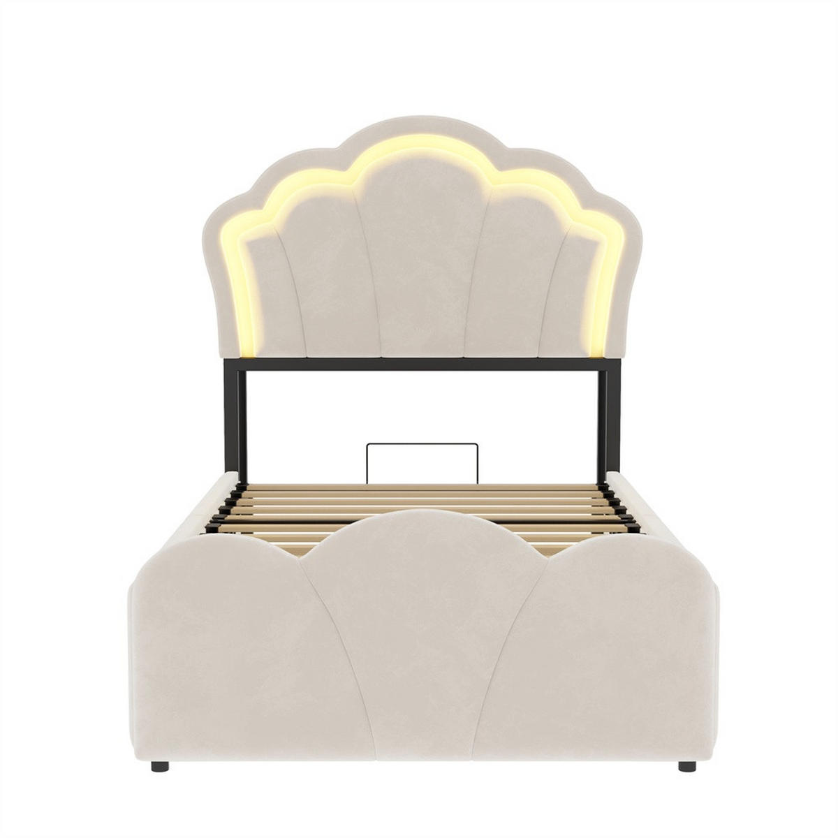 POLSTERBETT 90x200 cm mit hydraulischem Stauraum - LED Beleuchtung & Ladeanschluss - Beige - ohne Matratze - Beige, Textil (90/200cm) - DELFA