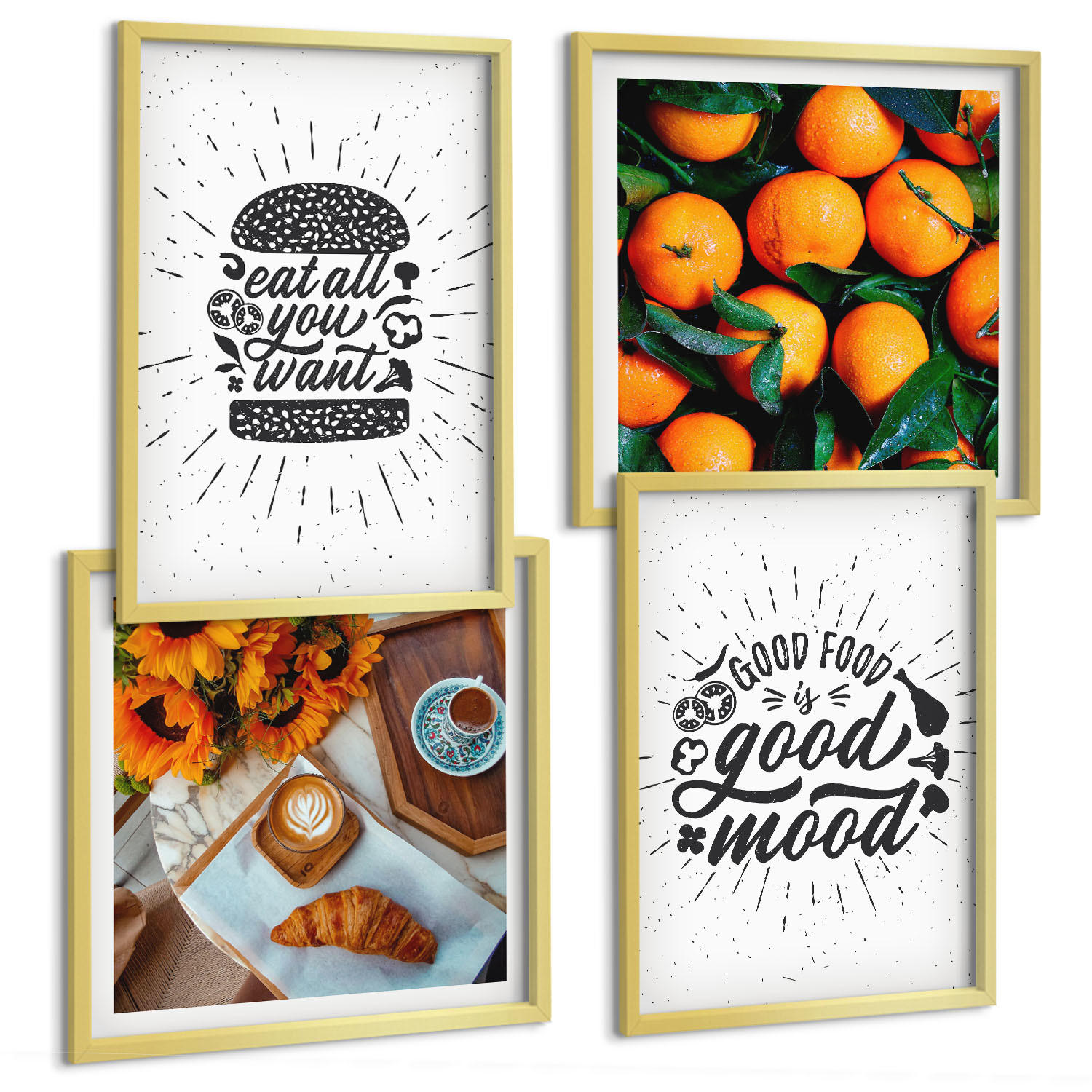 BILDER SET 4er Set - 50x50 cm & 40x60 cm Goldrahmen - Juicy Oranges Kitchen - Goldfarben, Kunststoff (50/50cm) - TULUP