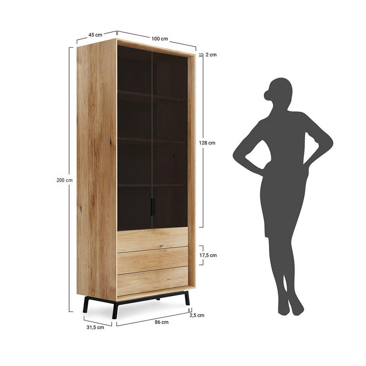 VITRINE Modern Loft Eiche Natur 100 / 45 / 200cm - Eichefarben/Schwarz, Holz (100/200/45cm) - Feldmann-Wohnen