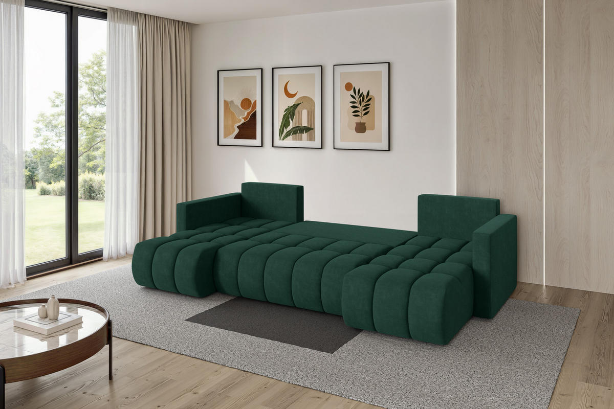 SEDACÍ SOUPRAVA DO U s funkcí spaní a úložným prostorem GARD-U 300x146x85 zelená velur - černá/zelená barva, kompozitní dřevo/textil (300/85/146cm) - ALTDECOR