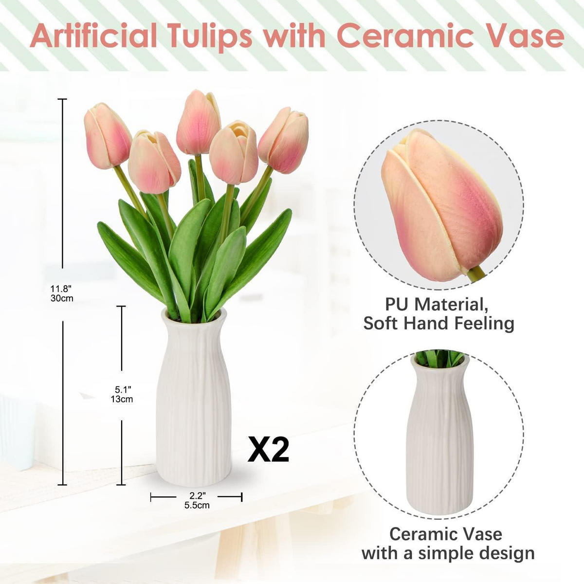 KUNSTBLUMEN Tulpenbund mit Vase Light Rosa 30 cm - Rosa, Keramik (27cm)