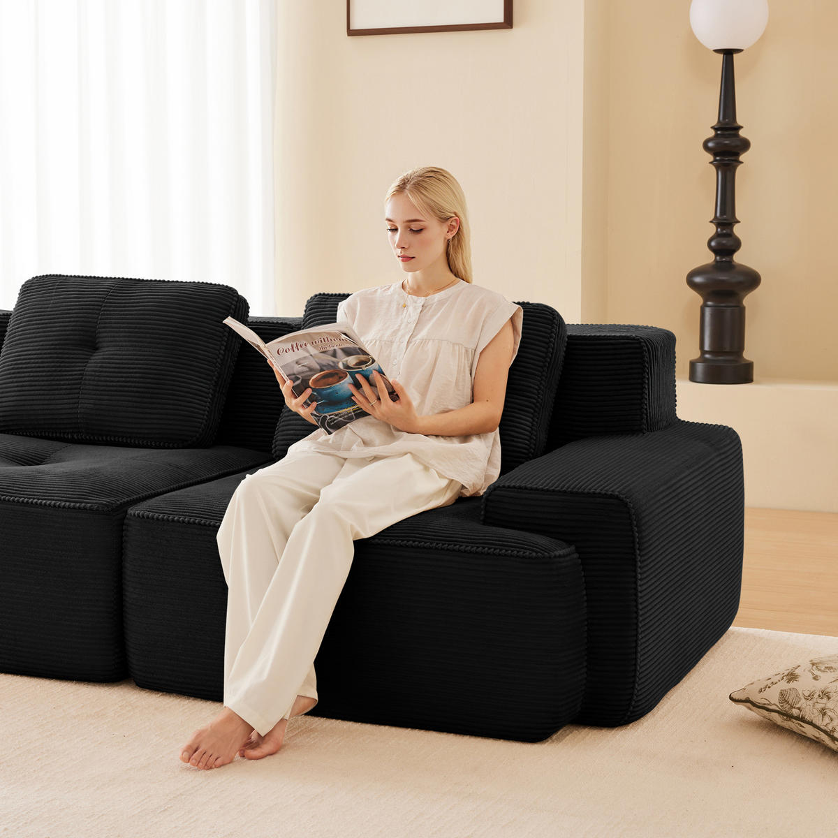 ECKSOFA aus Cord mit modularem Design Schwarz - Schwarz, Textil (104/177cm) - Modenvie