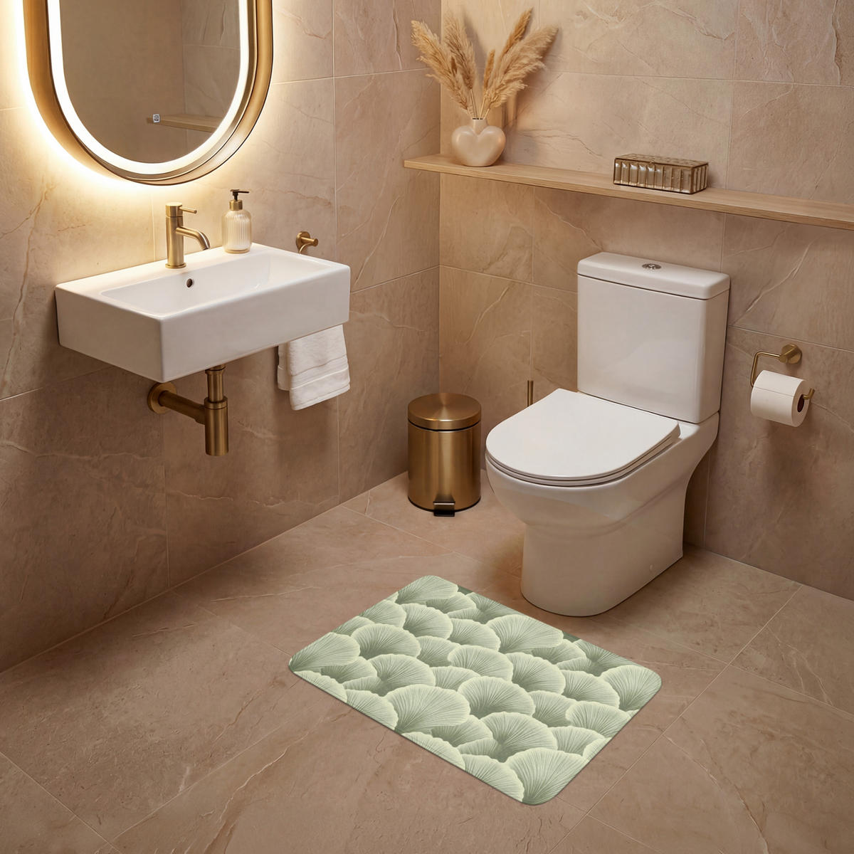 WC PŘEDLOŽKA Vějíř - list - zelený 60x40 cm - pastelově zelená, textil/plast (60/1cm) - OnlyWow