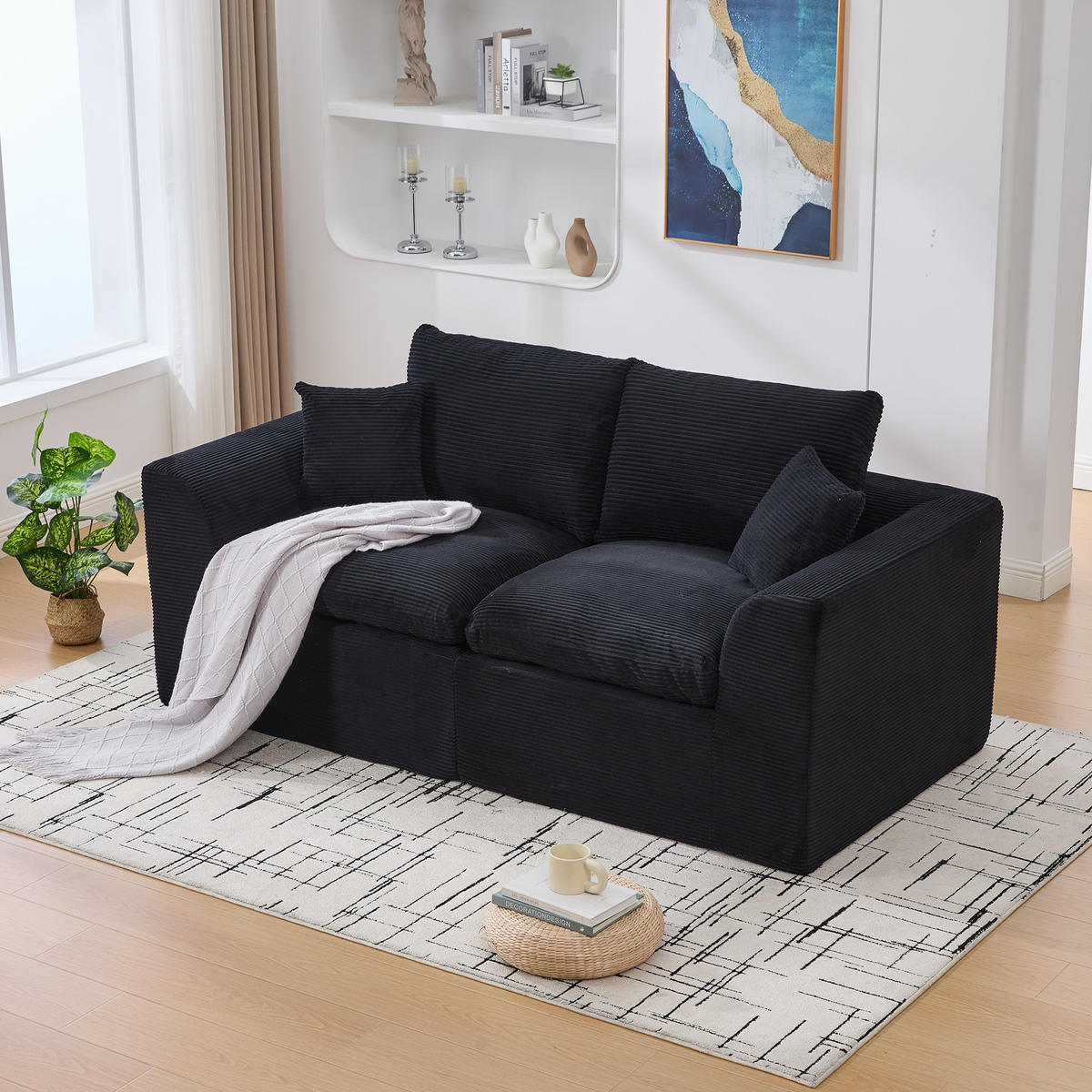 2-SITZER SOFA Cord Schwarz mit Kissen - Schwarz, Textil (204/84/102.5cm) - WISHDOR