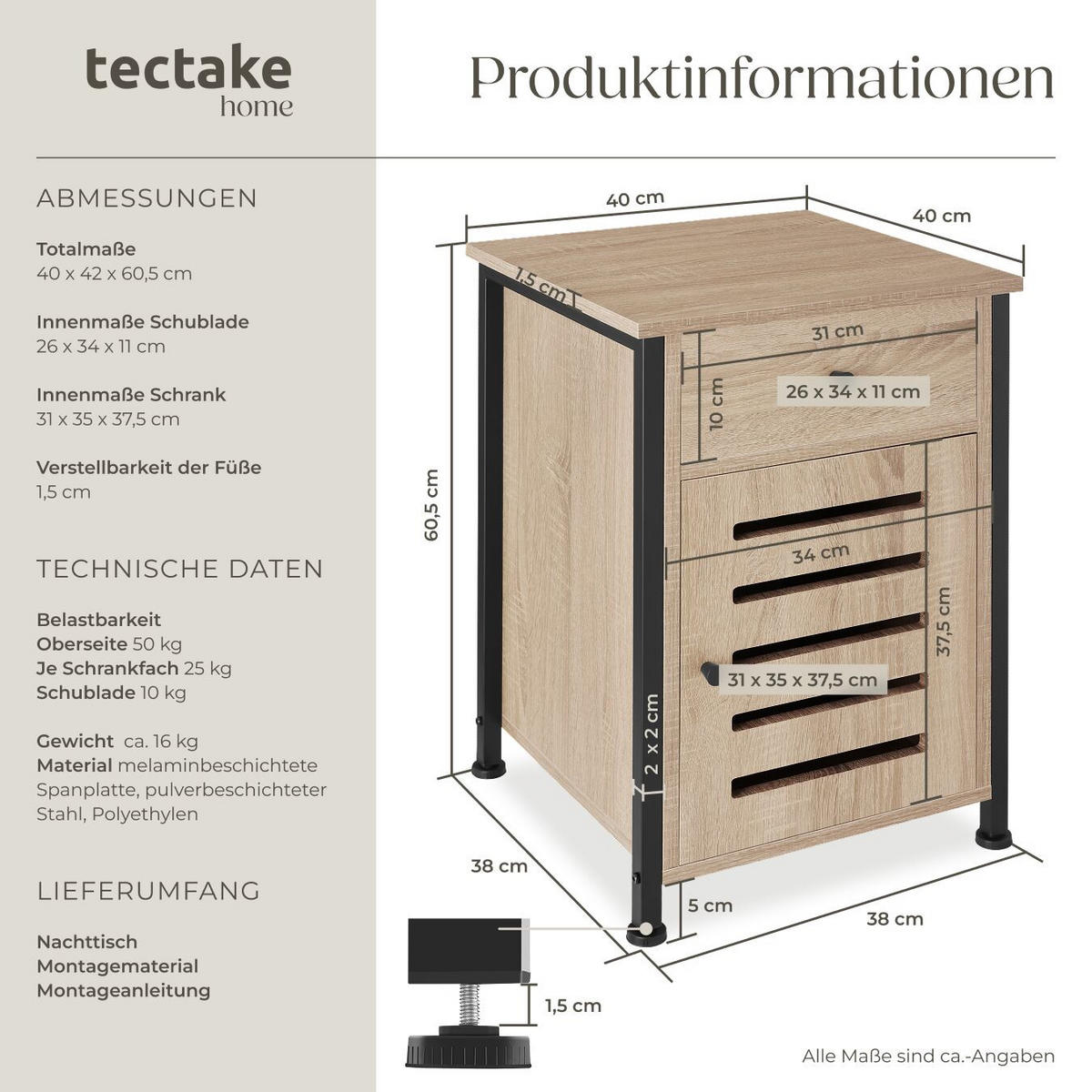 NACHTSCHRANK Waterford, 40 x 42 x 60,5 cm, Industrial Holz hell, Eiche Sonoma - Naturfarben, Holzwerkstoff (40/60.5/42cm) - tectake