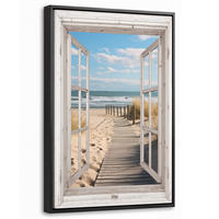 LEINWAND Bilder mit Rahmen - Fenster - Meer - Küste - Natur - Ausblick - Strand - Wattenmeer - 20x30 - Beige, Textil (20/30cm) - MuchoWow