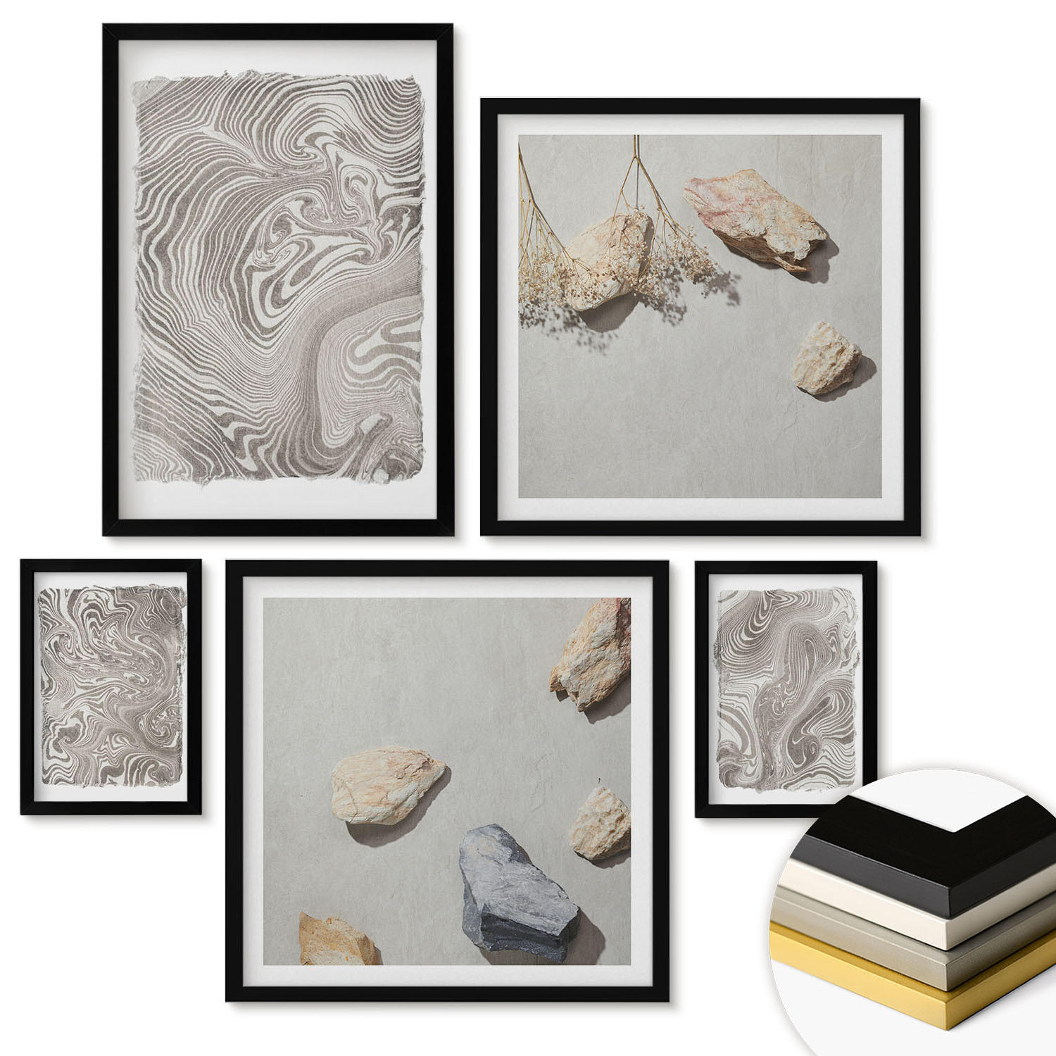 WANDBILDER 5er-Set - 50x50 cm & 20x30 cm & 40x60 cm Schwarzer Rahmen - Moderne abstrakte Formen - Schwarz, Kunststoff (40/60cm) - ArtPrintCave