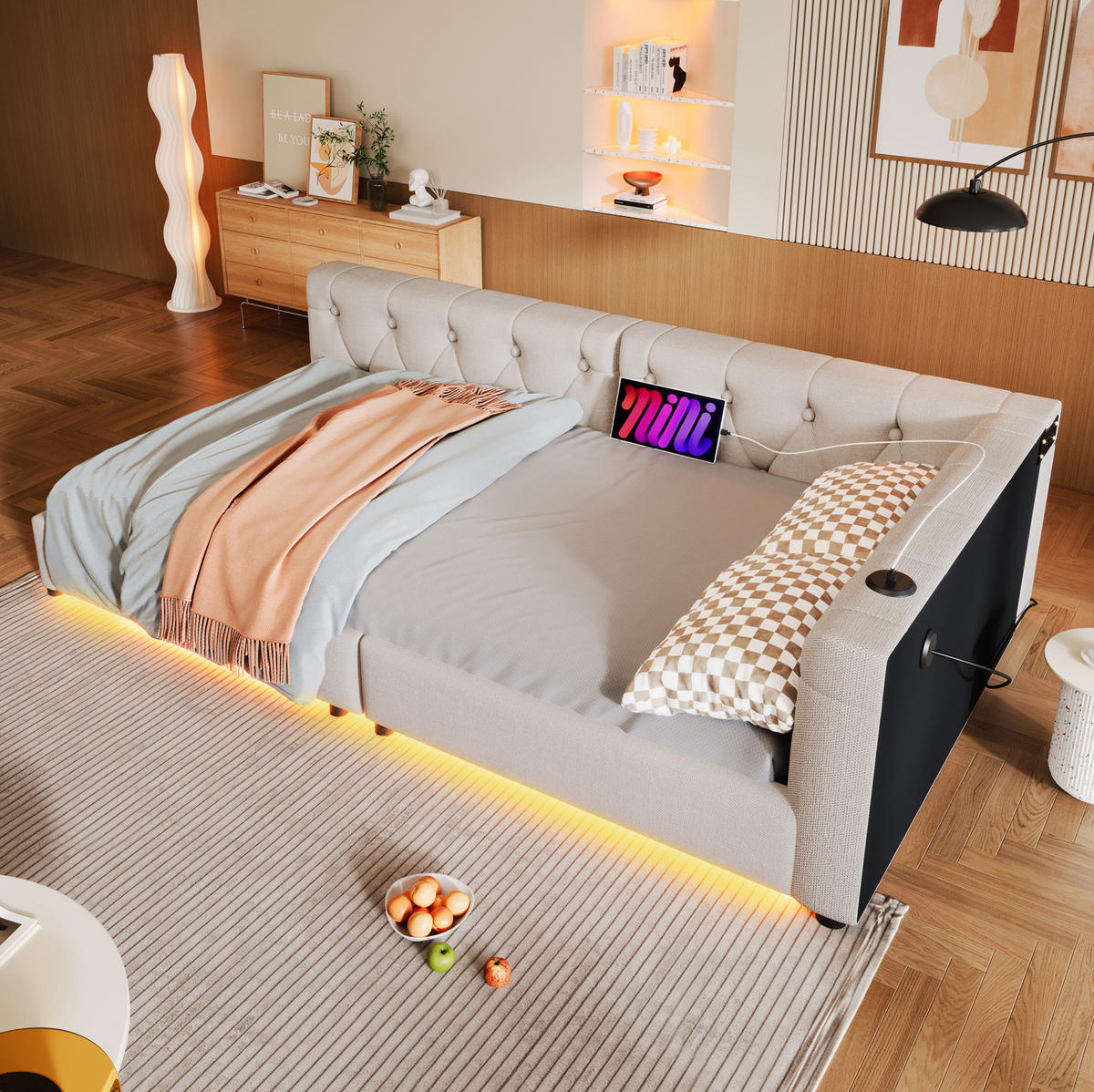 DENNÁ posteľ z ľanu a MDF 90x200 cm béžová s LED osvetlením, USB a USB-C portom - béžová, textil (90/200cm) - Modfu