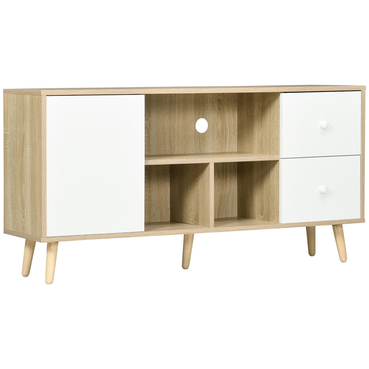 TV-LOWBOARD Weiß/Natur 120/30/60 cm, Massivholzfüße, 1 Tür, 2 Schubladen - Naturfarben, Holzwerkstoff (120/60/30cm) - PANGIVO