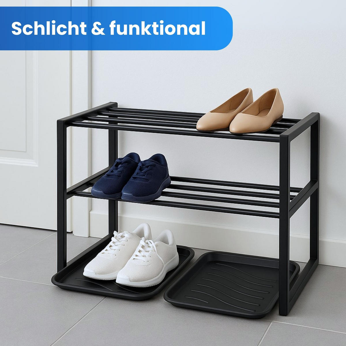 SCHUHABTROPFSCHALE mit hohem Rand (38x38x2,5cm) Schuhablage - wasserdichte Schuhwanne und Abtropfunterlage für Schuhe - Schwarz, Kunststoff (38/38cm) - Bestlivings