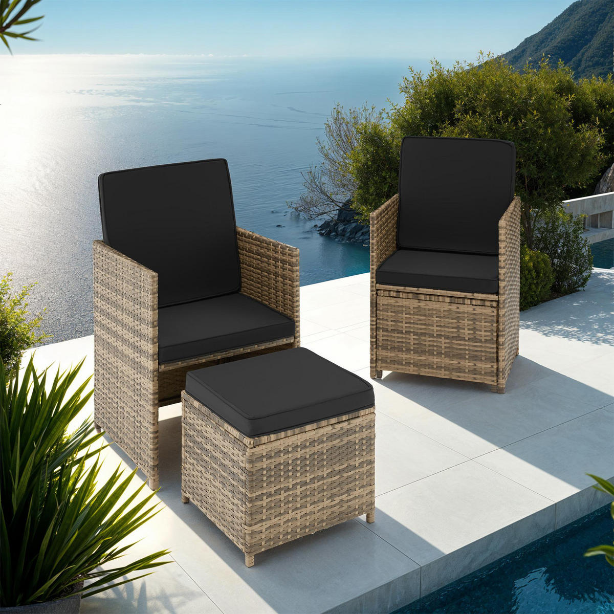 RATTAN SITZGRUPPE Palermo,inklusive Flaschenöffner, zusammenschiebbar,natur - Naturfarben, Kunststoff - tectake