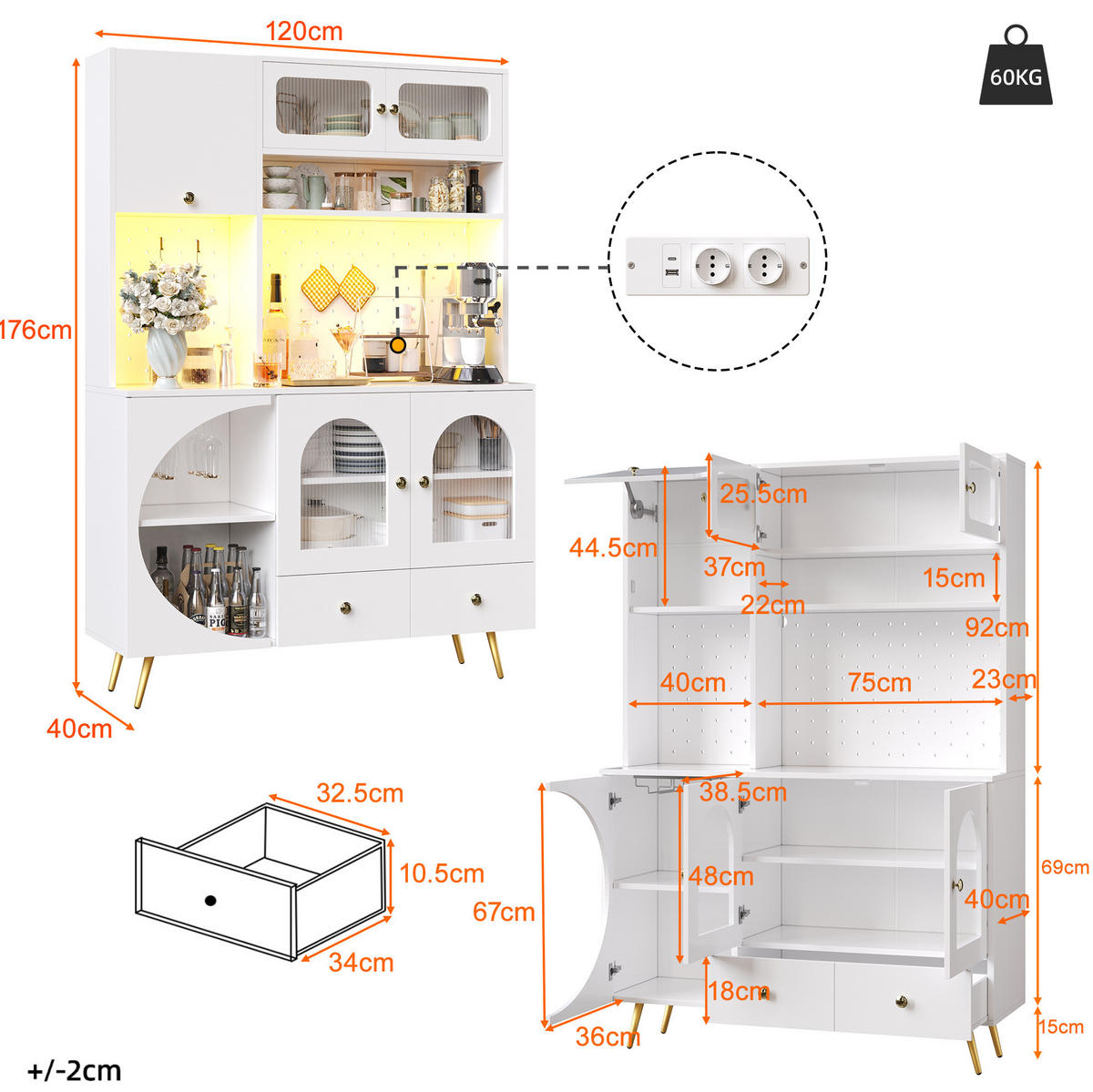 SKŘÍŇ na nádobí 120/40/176 cm, MDF/sklo, bílá s LED osvětlením a USB - bílá, kompozitní dřevo (120/176/40cm) - BEAOK