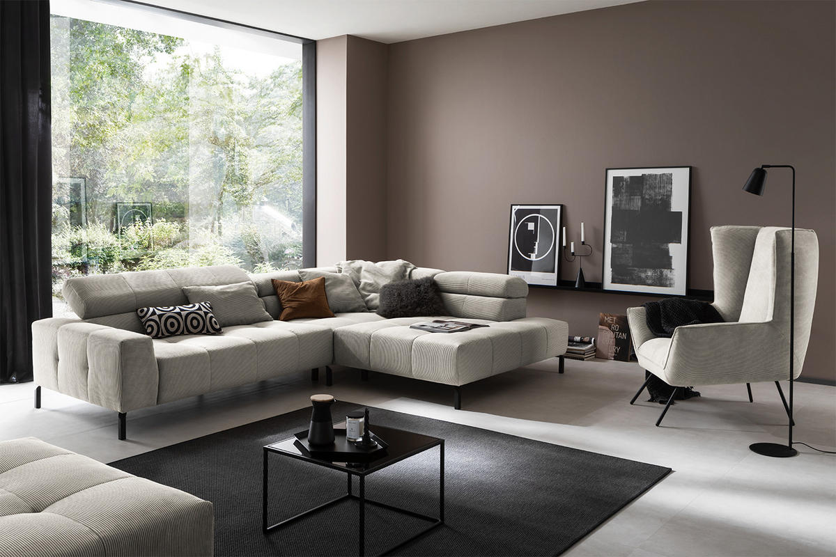 ECKSOFA OHIO Silber Cord - Silberfarben/Schwarz, Textil/Metall (311/219cm) - KAWOLA