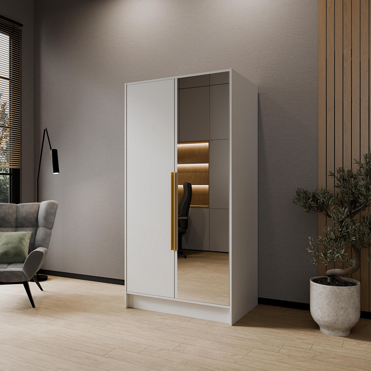 DREHTÜRENSCHRANK RENVO 102/200/51 cm Modern Kleiderschrank 2-türig mit Spiegel Weiß - Weiß, Holzwerkstoff (102/200/51cm) - MASSENO