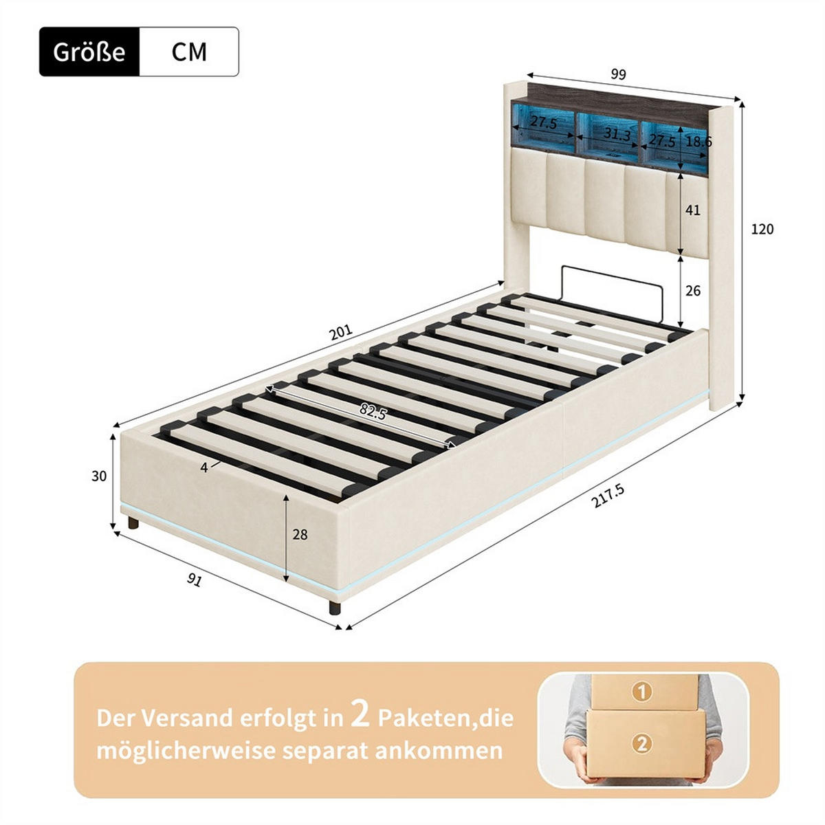 POLSTERBETT 90x200cm - Einzelbett mit RGB-LED-Beleuchtung am Kopfteil und Unterboden Stauraum-Kopfteil - Beige - Beige, Textil (90/200cm) - DELFA