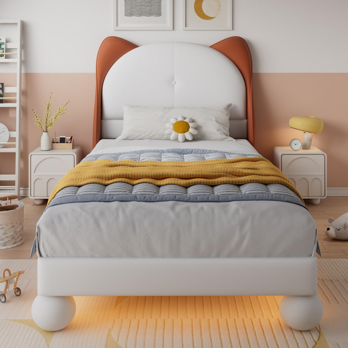 POLSTERBETT 90/200 cm Beige und Gelbbraun mit Katzenohren-Kopfteil und LED-Beleuchtung - Beige, Kunststoff (90/200cm) - OKWISH