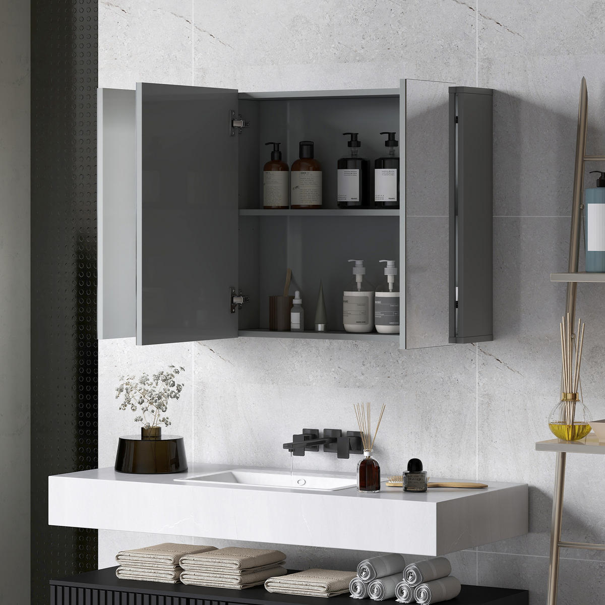 SPIEGELSCHRANK mit 3 Spiegeltüren und verstellbaren Einlegeböden , 90 x 15 x 60 cm - Grau, Glas (90/60/15cm) - Vallsero