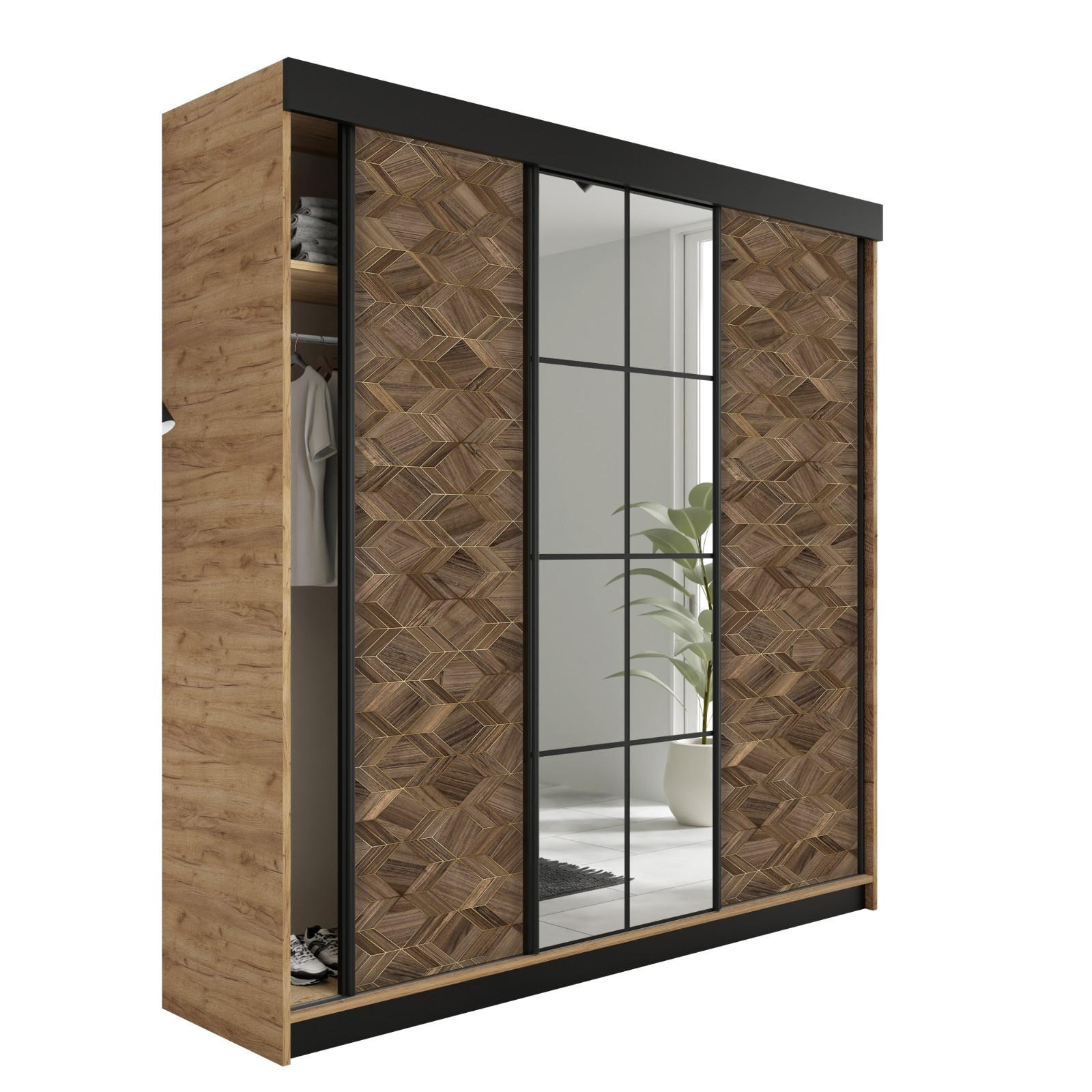 Kier Furniture ŠATNÍ SKŘÍŇ s posuvnými dveřmi LAMARO - 250x205x59cm - Dub Craft zlata & Art Deco