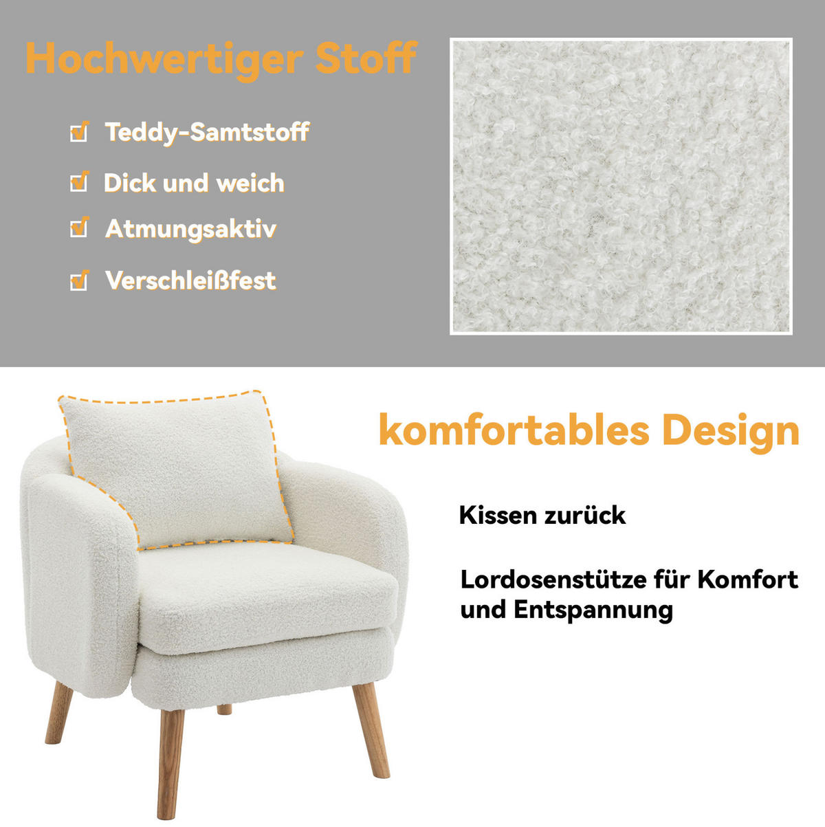 SESSEL 71/72/71 cm Weiß aus Teddy mit Rückenkissen - Weiß, Textil (72/71/71cm) - OKMYHOME