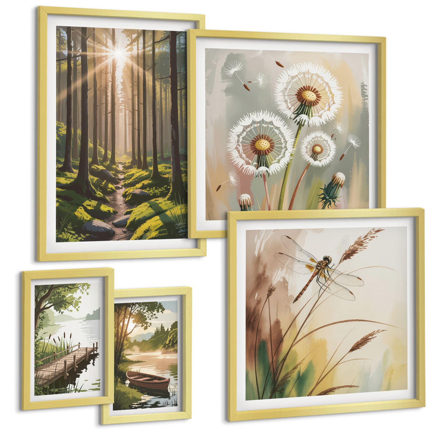 BILDER SET 5er Set - 50x50 cm & 20x30 cm & 40x60 cm Goldrahmen - See, Wald, Boot, Morgennebel - Goldfarben, Kunststoff (40/60cm) - TULUP