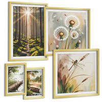 BILDER SET 5er Set - 50x50 cm & 20x30 cm & 40x60 cm Goldrahmen - See, Wald, Boot, Morgennebel - Goldfarben, Kunststoff (40/60cm) - TULUP