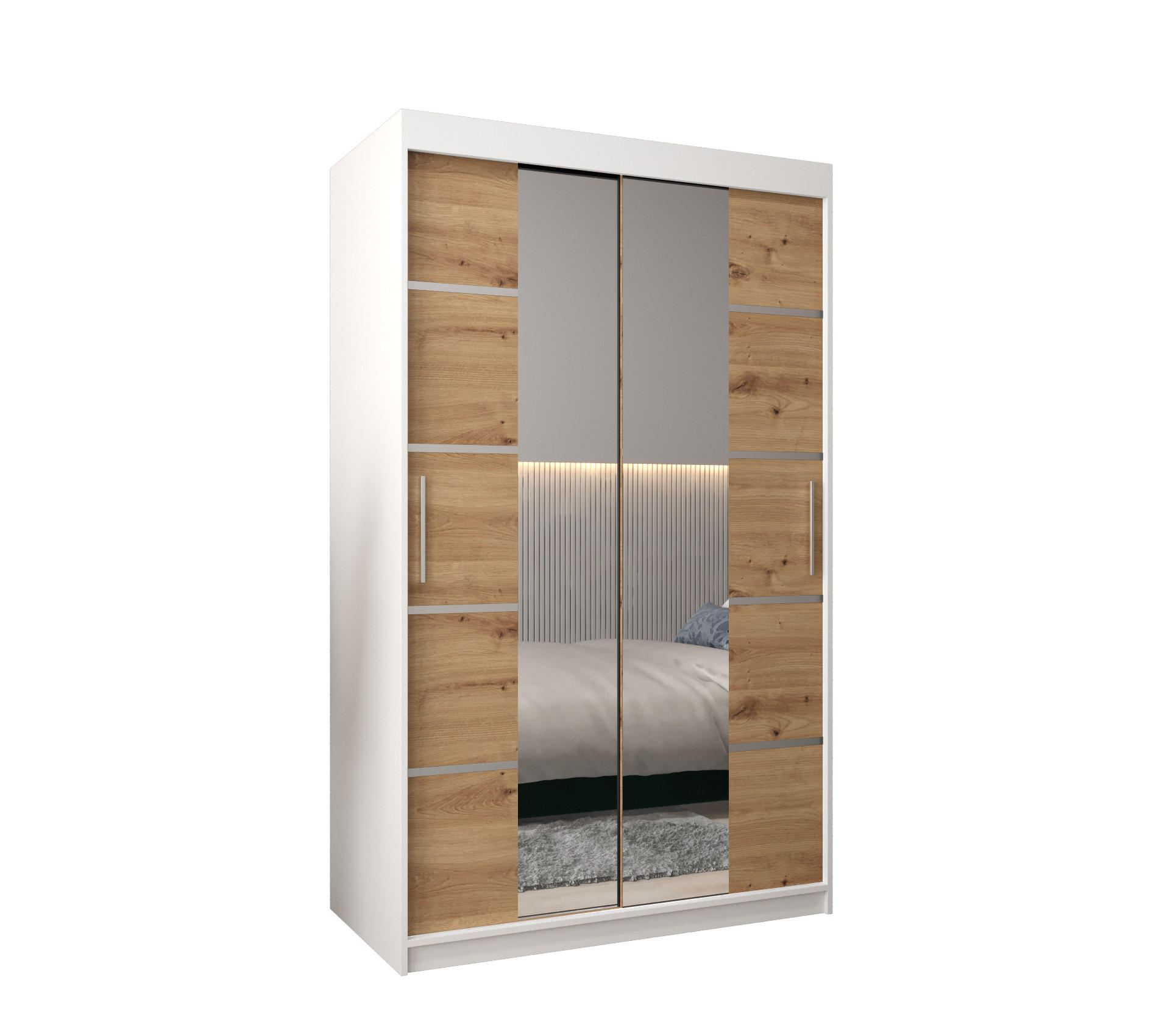 Abiks Möbel Schwebetürenschrank Weiß, Eiche Artisan, Silber 120x200x62 cm
