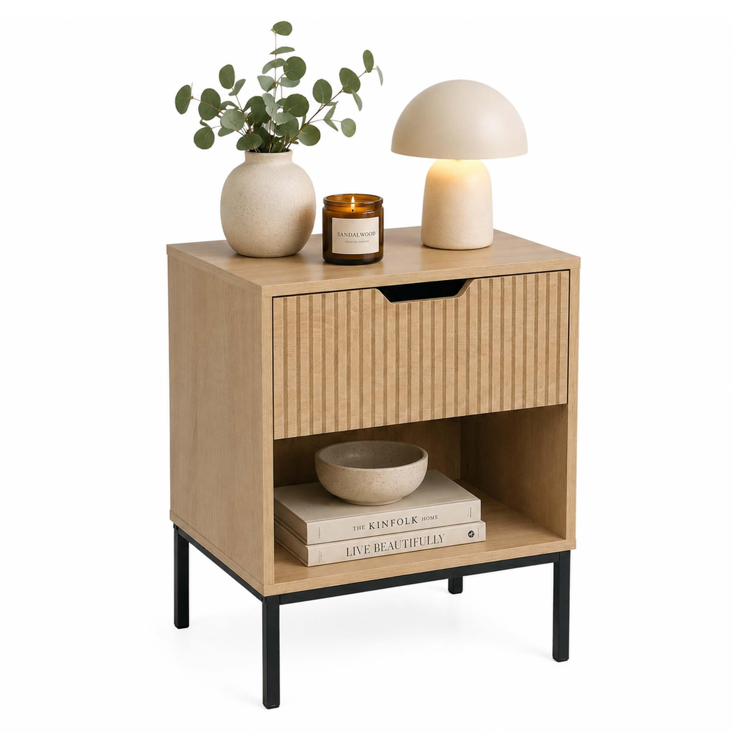 NACHTTISCH Natur Schwarz Schublade - Hellbraun, Holzwerkstoff/Metall (40/50/30cm) - Relaxdays