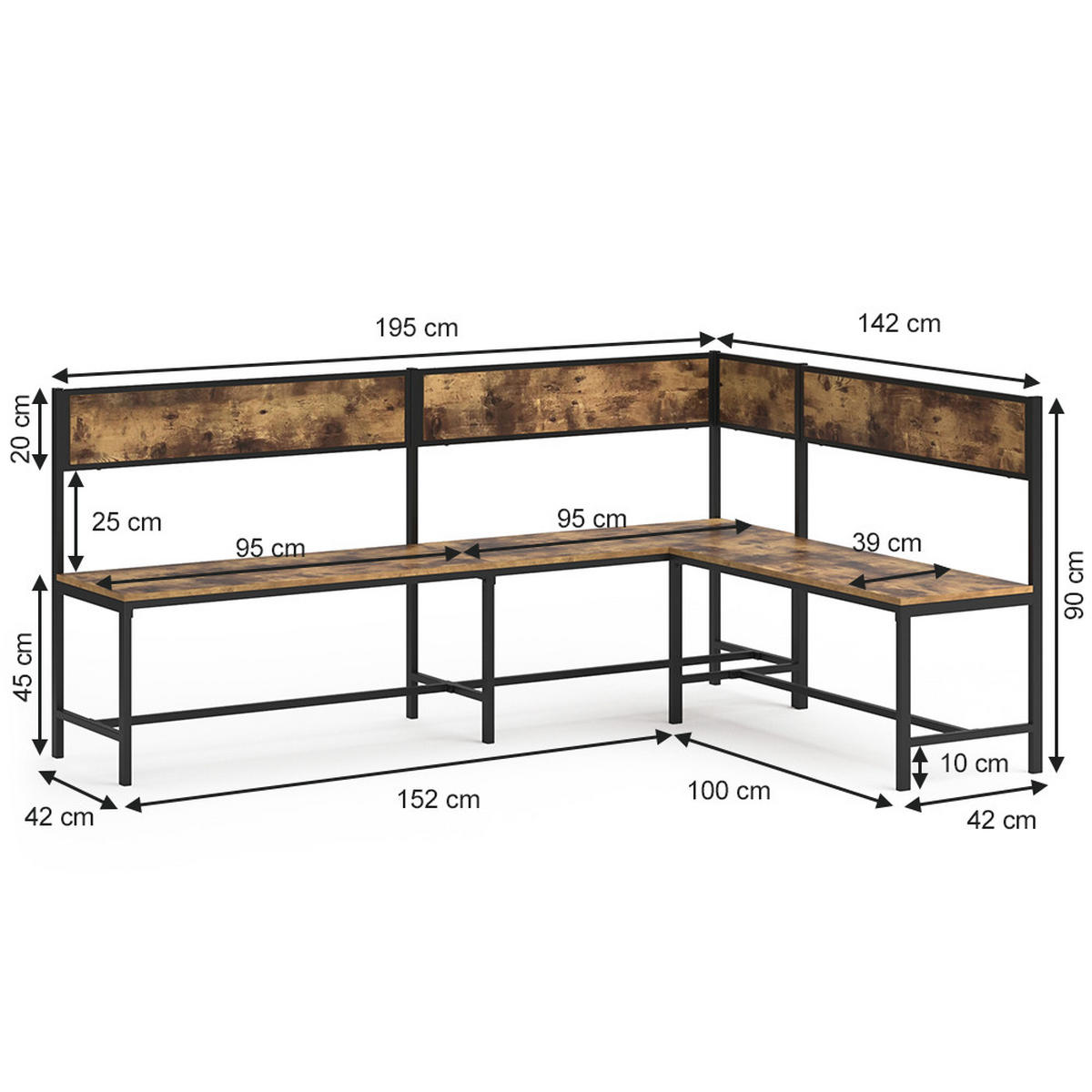 ESSZIMMER-ECKBANK Fyrk Eiche rustikal 195 x 142 cm - Wildeiche/Schwarz, Holzwerkstoff (195/90/142cm) - Vicco