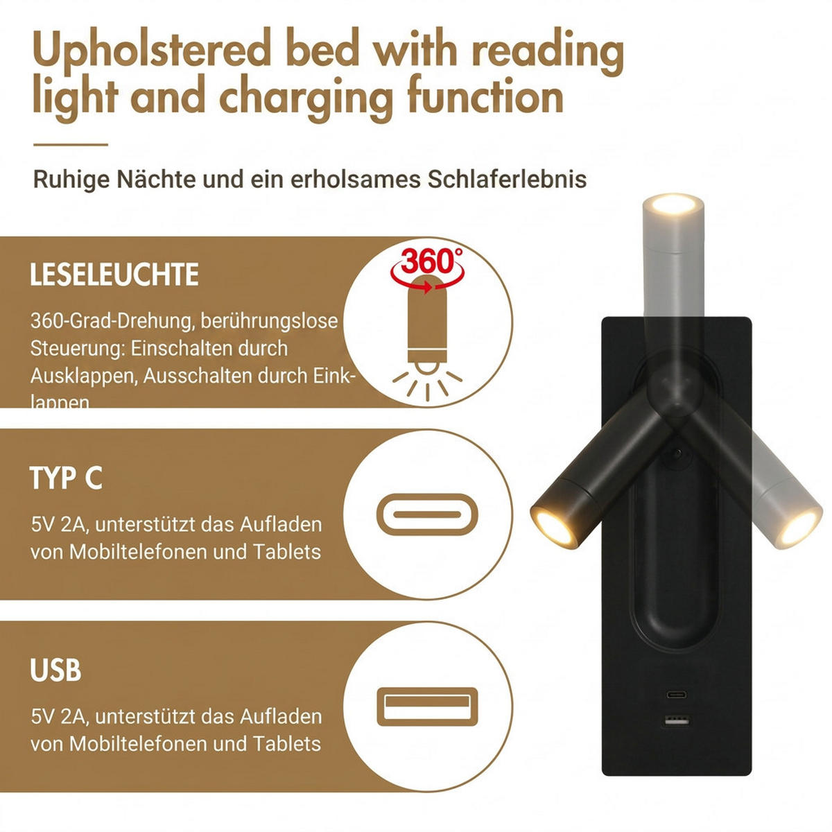 POLSTERBETT 180/200 cm Beige mit 2 Nachttischen und USB Ladefunktion (Ohne Matratze) - Beige, Textil (180/200cm) - Oxeza