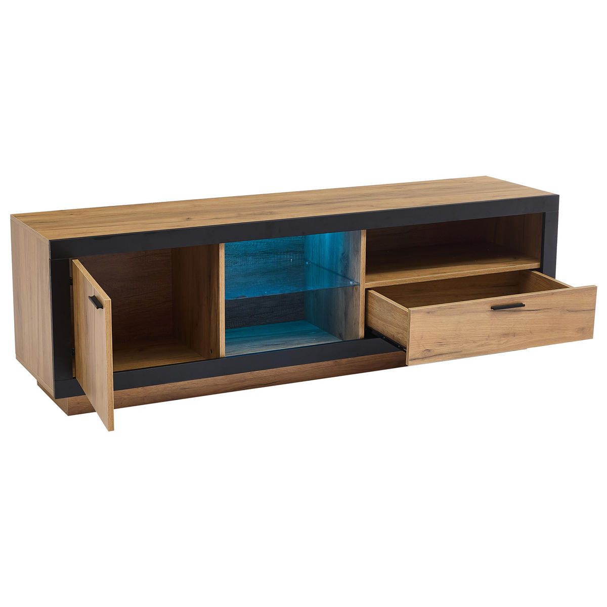 LOWBOARD DE-40327 mit LED-Beleuchtung und Glasböden Eiche - Eichefarben, Holzwerkstoff (160/50/40cm) - ComfortXL