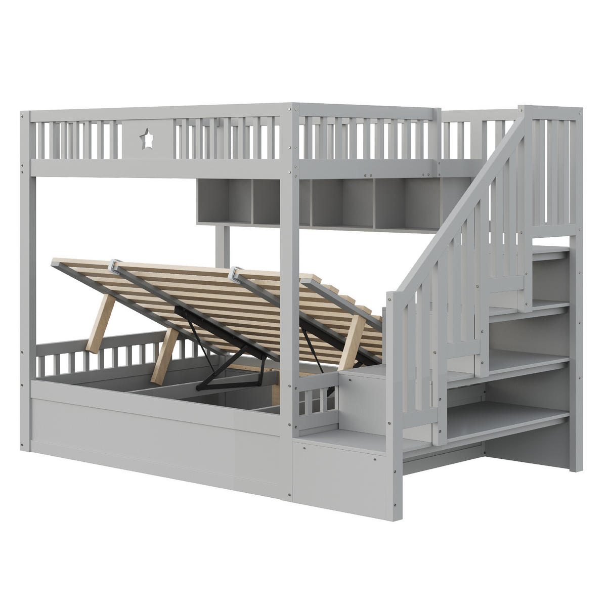 ETAGENBETT 140/200 cm Grau mit Stauraumtreppe und hydraulischem Bettkasten - Grau, Holzwerkstoff (140/200cm) - OKWISH