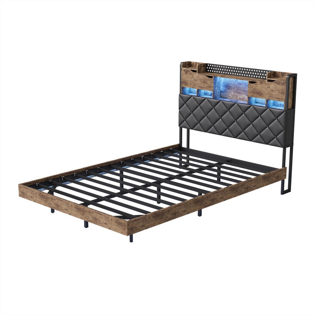 METALLBETT 140x200 cm mit Schwebender Optik - LED Beleuchtung - Kopfteil mit Stauraum und Ladestation - ohne Matratze - Schwarz, Metall (140/200cm) - DELFA