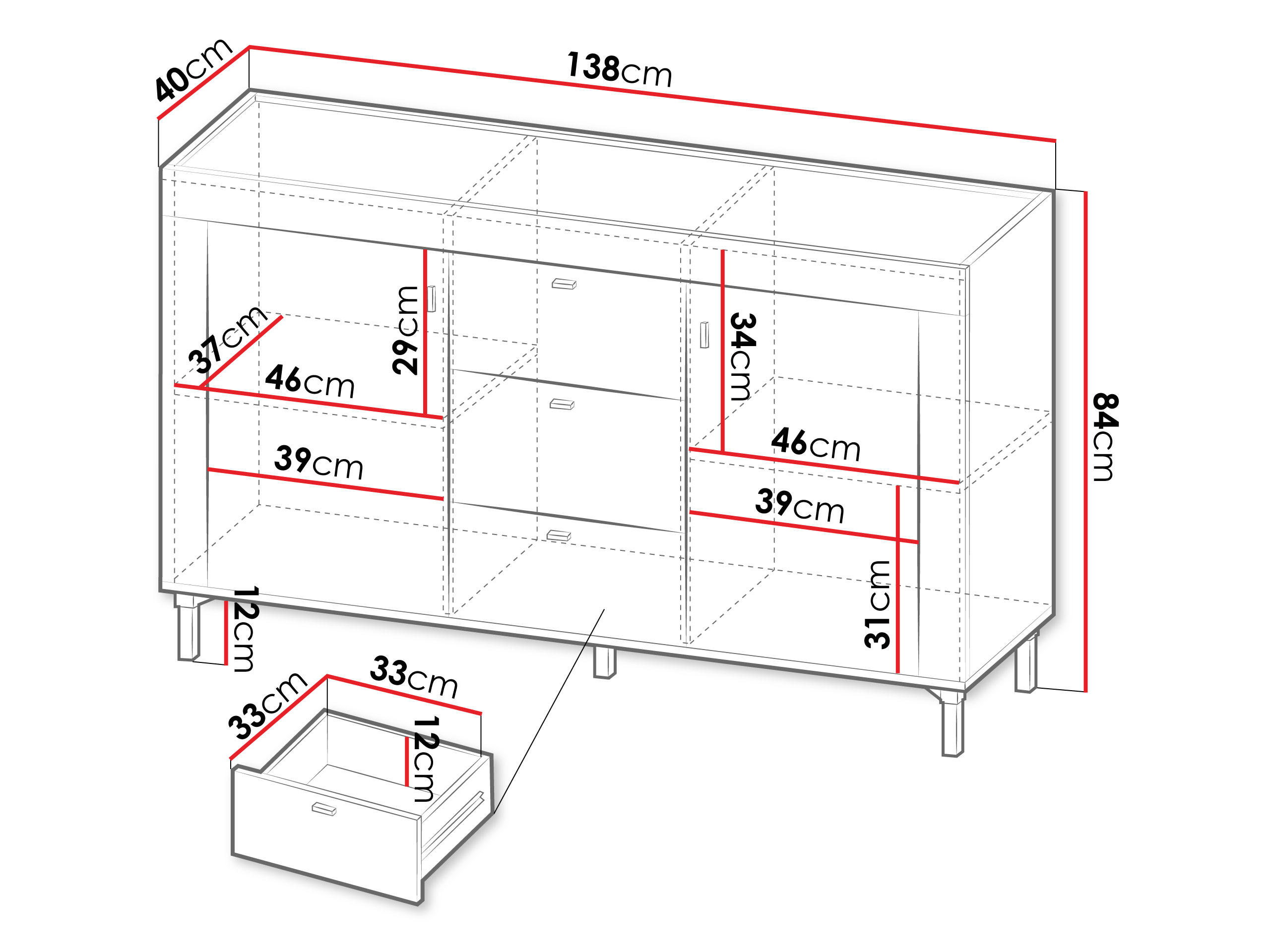 KOMMODE Mossa 2D3S MO06 - Goldfarben/Schwarz, Holzwerkstoff/Kunststoff (138/84/40cm) - MIRJAN24