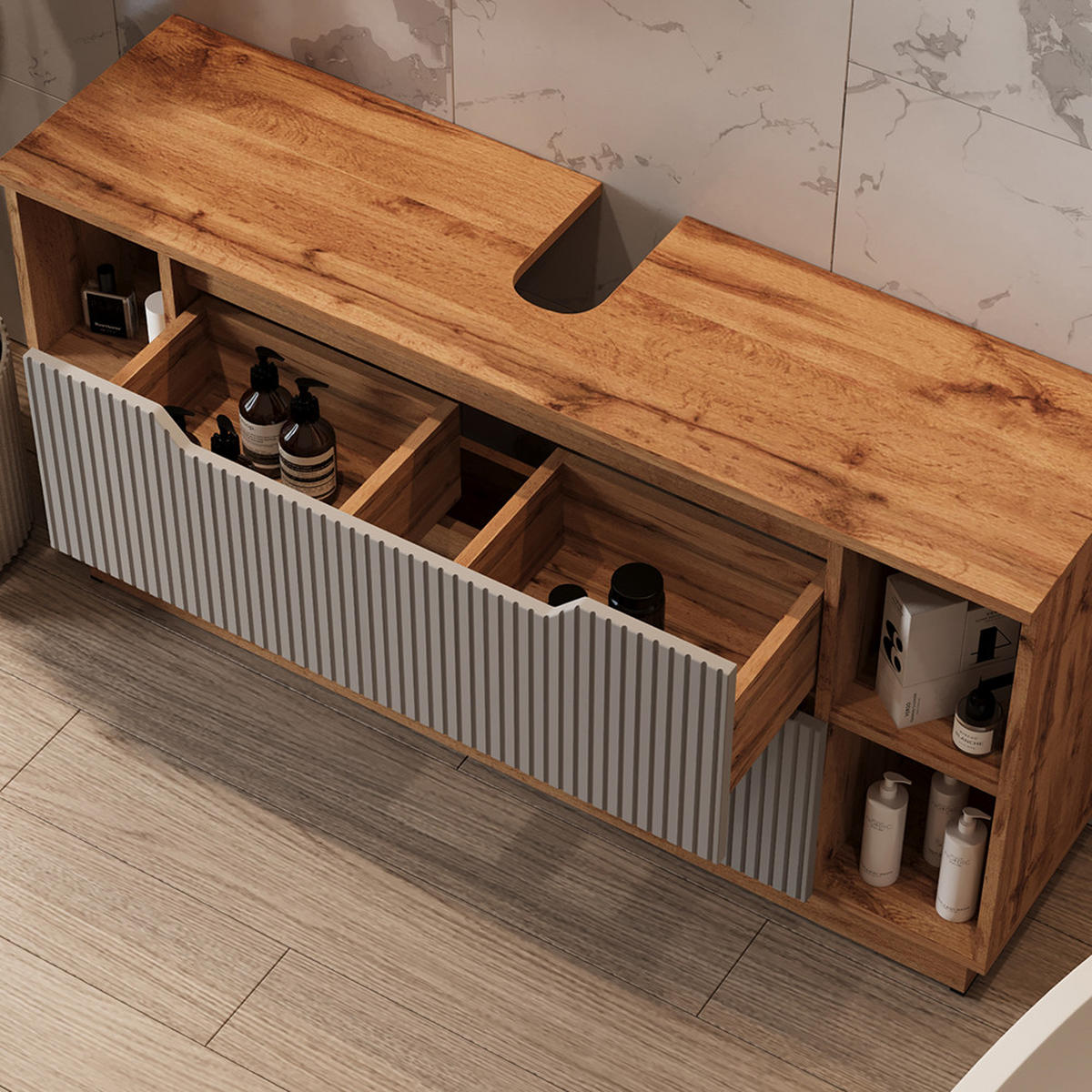 BADMÖBEL-SET Lotta Eiche/grau gestreift 3 Teile - Eichefarben/Grau, Holzwerkstoff (119.2/62.5/35cm) - Vicco