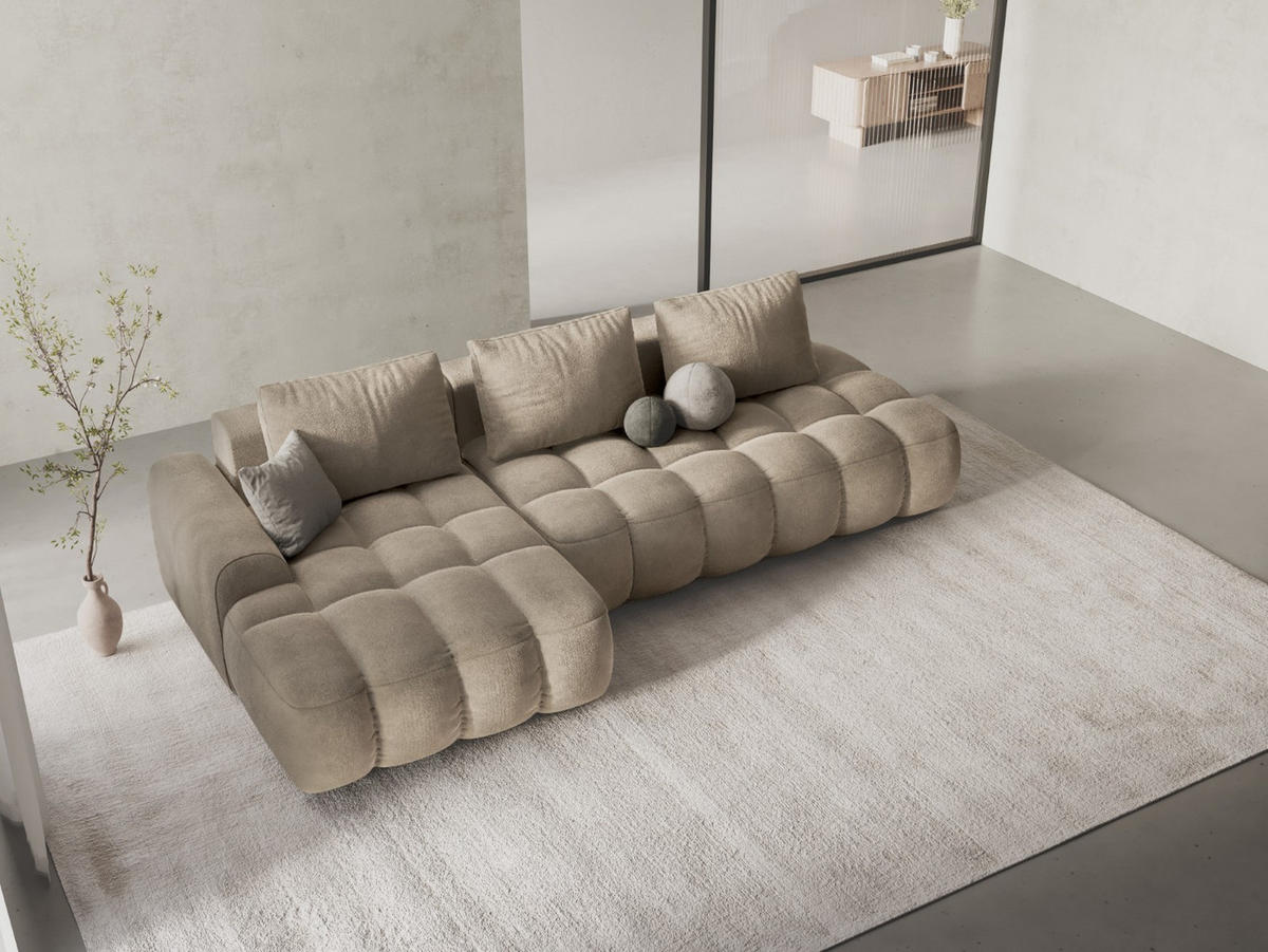 AUSKLAPPBARES-ECKSOFA links mit Container Linz aus Samt leichtes beige 3 Sitzplätze - Creme, Textil (142/275cm) - Cosmopolitan Design