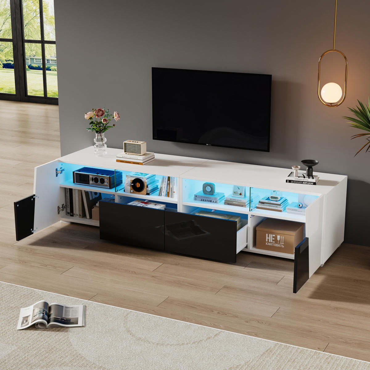 TV-ELEMENT mit LED 180 x 38,5 x 45 cm Hochglanz Schwarz/Weiß - Weiß, Glas (38.5/45/180cm) - Beauniv