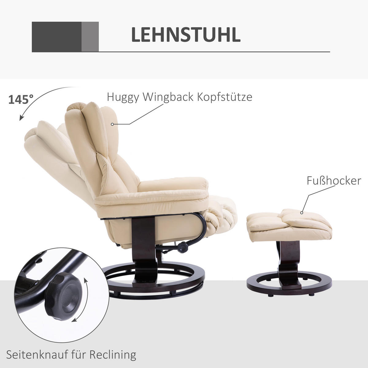 RELAXSESSEL mit Hocker, drehbarer Fernsehsessel, TV-Sessel mit Liegefunktion - Creme/Schwarz, Holz/Kunststoff (79/100/80cm) - HOMCOM