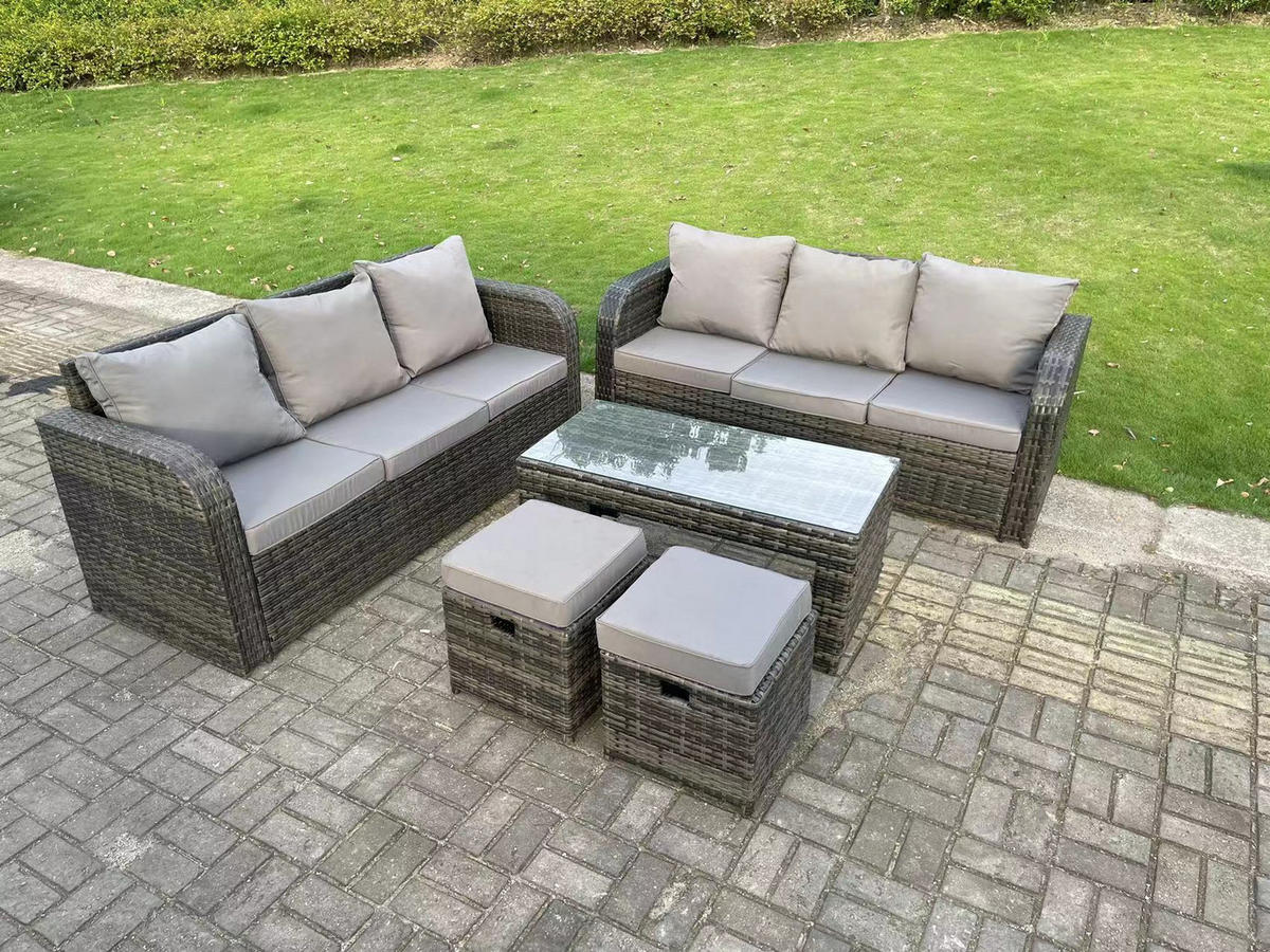 GARTENSOFA SET Polyrattan 8-Sitzer - Dunkelgrau/Grau, Glas/Kunststoff - Fimous