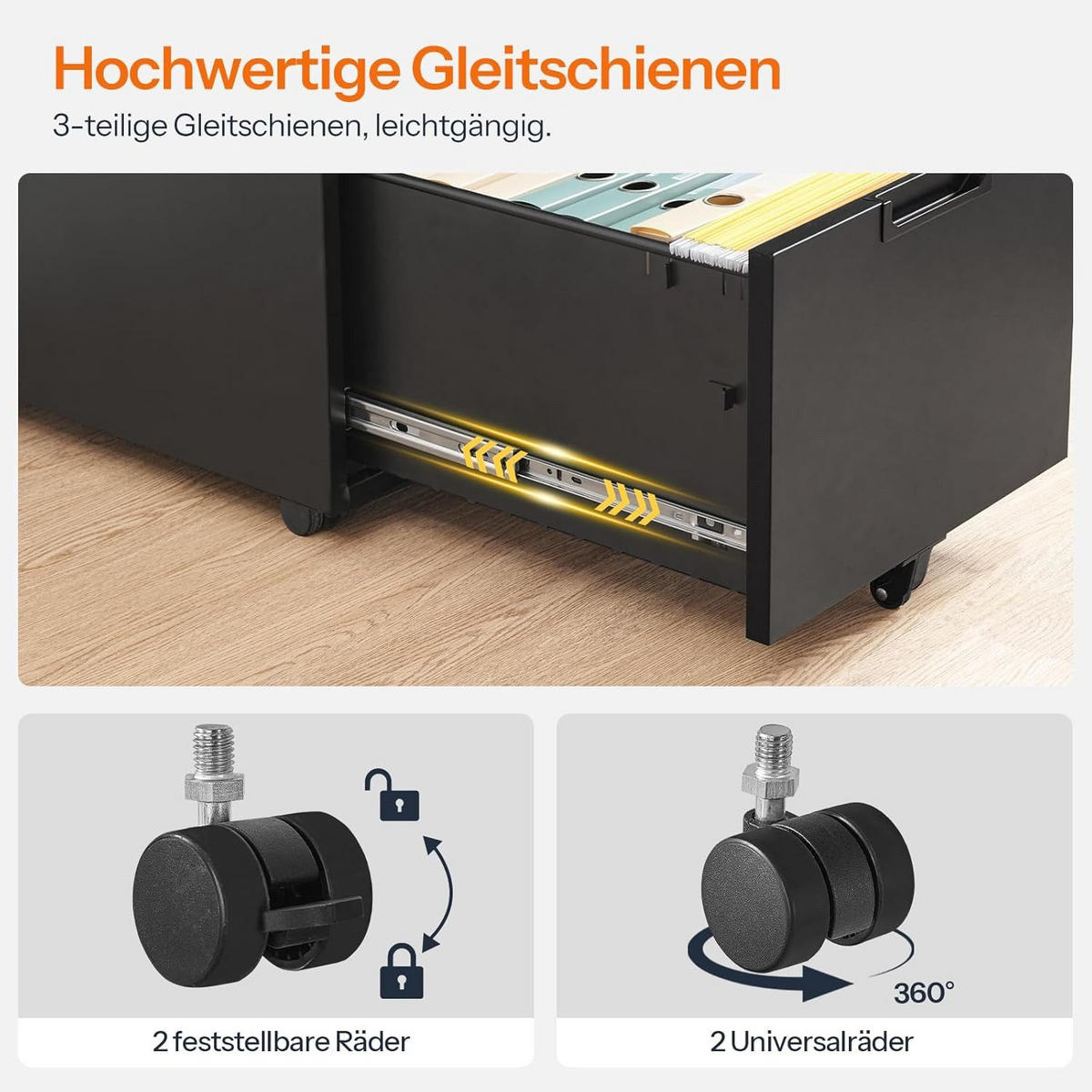 ROLLCONTAINER Schwarz Bürocontainer abschließbar - Schwarz, Metall (52/67/39cm) - Hoobro