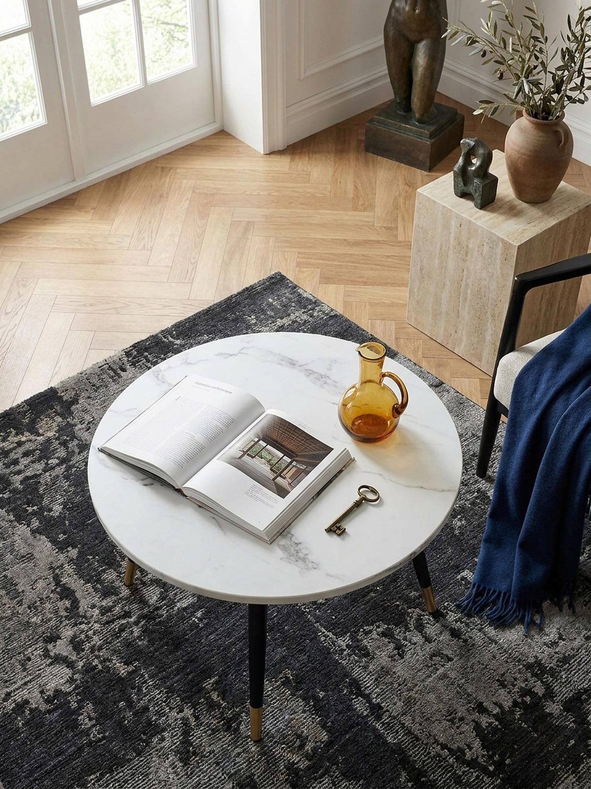COUCHTISCH mit Marmor Optik, Modernes Design, Metall-Gestell, Runde Form, Weiß 60x60x41 cm - Goldfarben/Weiß, Holzwerkstoff/Metall (60/60/41cm) - KADIMA DESIGN