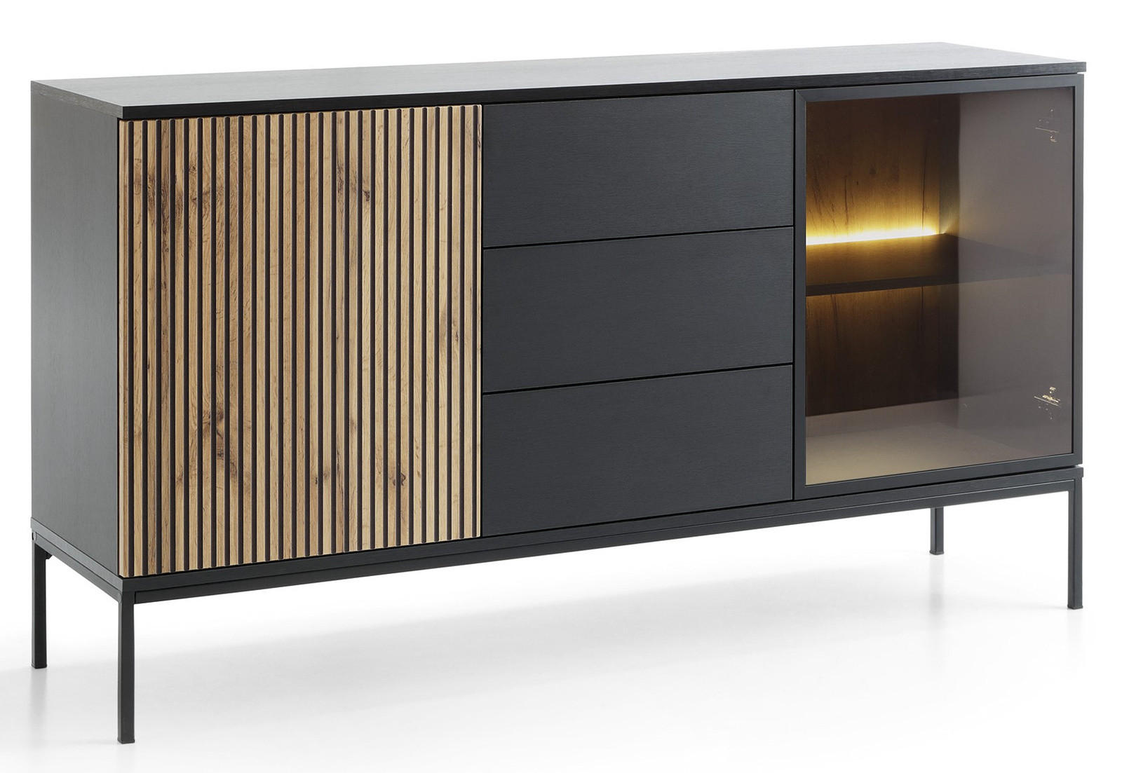 KOMMODE Lagos 154 cm mit drei Schubladen Schwarz und Wotan Eiche - Eiche Wotan/Schwarz, Holzwerkstoff/Metall (154/83/39cm) - Ravio