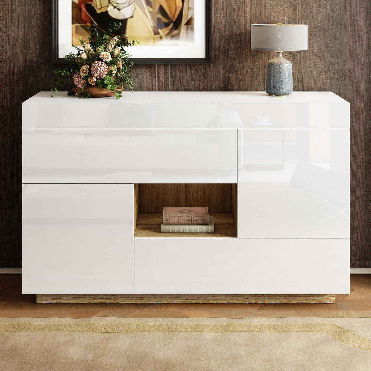 SIDEBOARD mit 2 Schubladen, Türen und offenem Fach, Hochglanz mit Holzoptik, integrierter 16-Farben-LED-Streifen, Spanplatte, 120/37/76,5 cm, Weiß - Weiß, Holzwerkstoff (120/37/76.5cm) - Redom