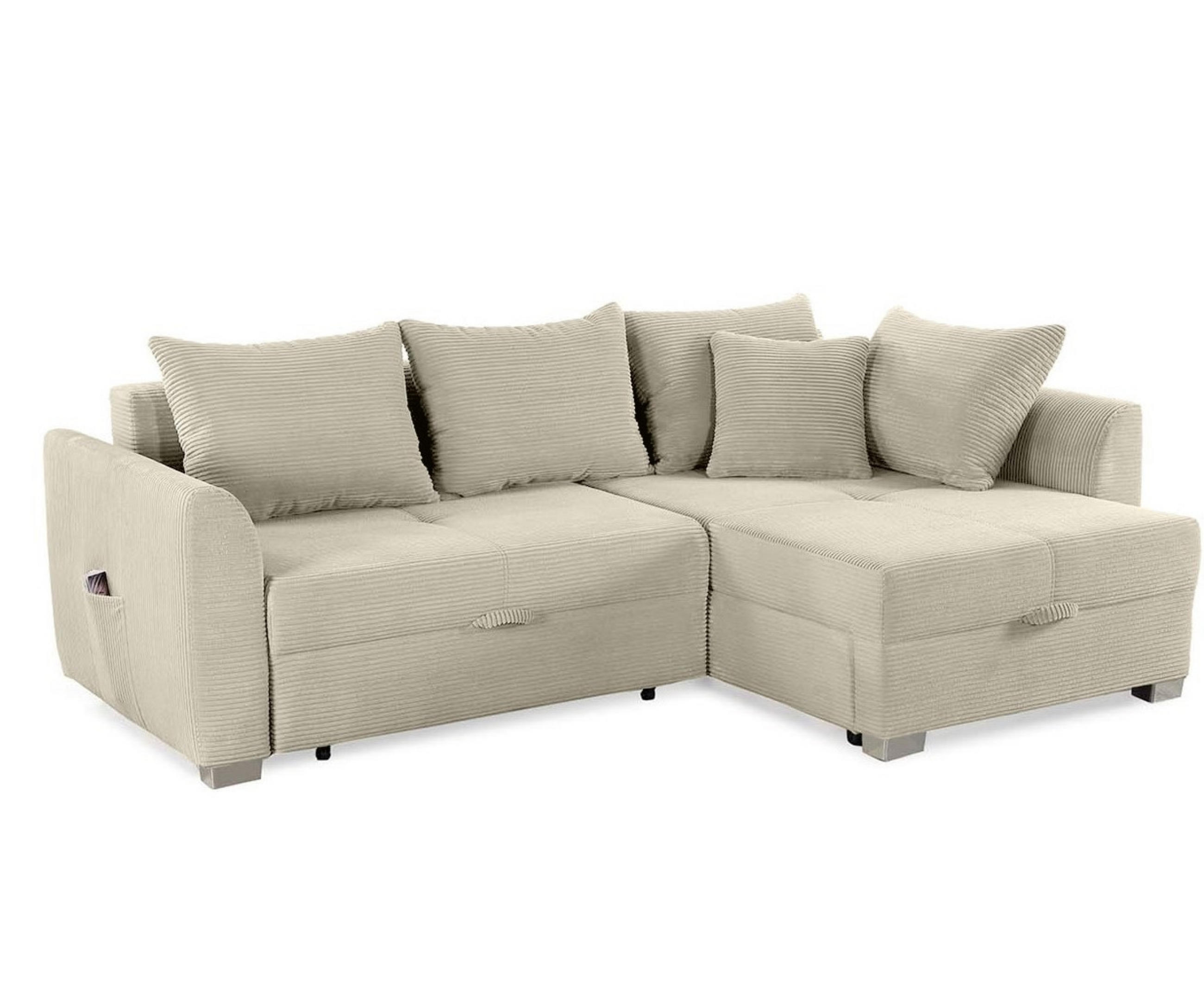ECKSOFA mit Schlaffunktion und Bettkasten, seitenverkehrt montierbar B236/T160/H81 cm, Liegefl. 142x202 cm, Cord Grau Beige / 15201 - Chromfarben/Greige, Kunststoff/Textil (236/160cm) - luma-home