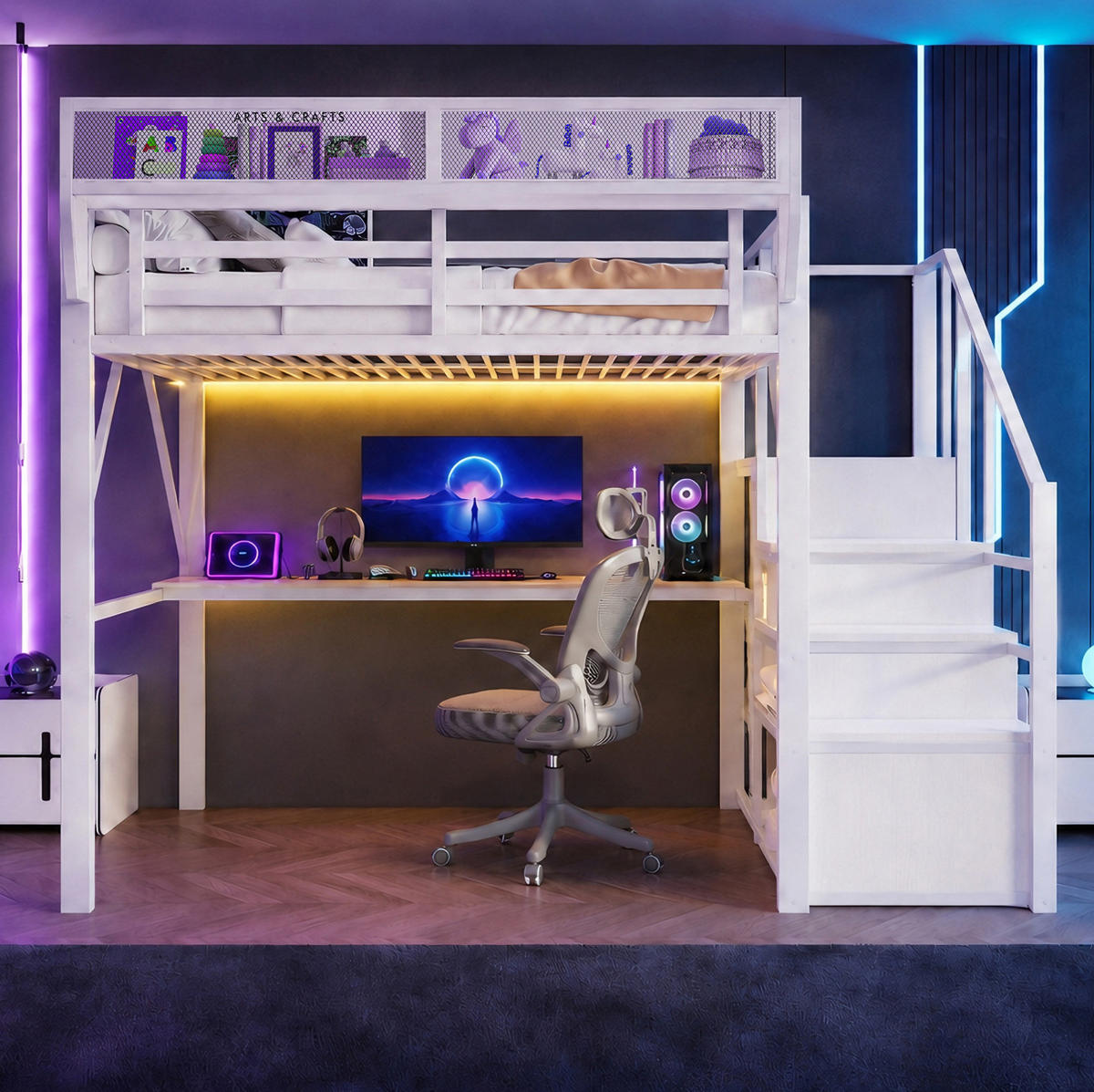 HOCHBETT 140/200 cm aus Metall mit Schreibtisch und LED-Lichtleiste, Weiß - Weiß, Metall (140/200cm) - OKMYHOME