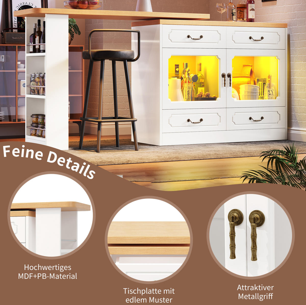 BARTISCH 135-203/39/92,8 cm mit LED und Stauraum, drehbar - Naturfarben, Holzwerkstoff (39/203/92cm) - BEAOK