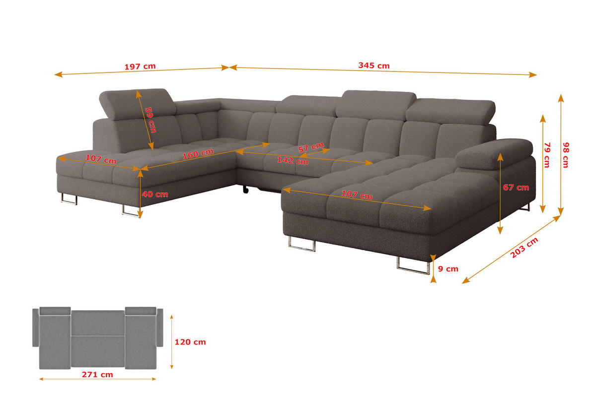 WOHNLANDSCHAFT mit Schlaffunktion und Bettkasten Ottomane Links COMA U 345x203x79 Braun Bouclé - Dunkelbraun, Holzwerkstoff/Textil (345/79/203cm) - ALTDECOR