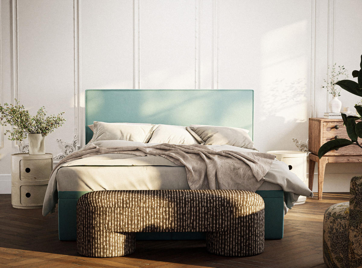 BOXBETT 200/200 cm Tegal, in Türkis, Matratze, gepolstertes Kopfteil, Bettkasten, H3 = fest - Türkis/Schwarz, Holz/Holzwerkstoff (200/200cm) - Maison de Reve