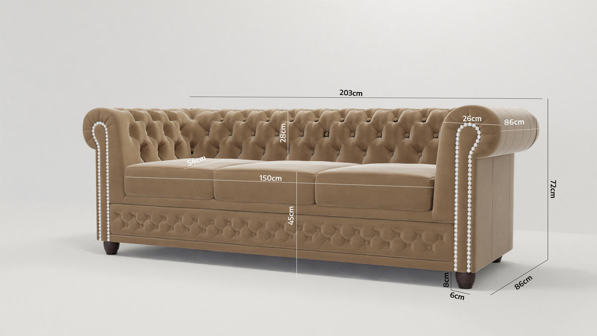 SITZGARNITUR mit Schlaffunktion 3+2+1 Chesterfield Nyx Beige Samt - Beige/Braun, Holz/Textil (203/72/86cm) - S-Style Möbel